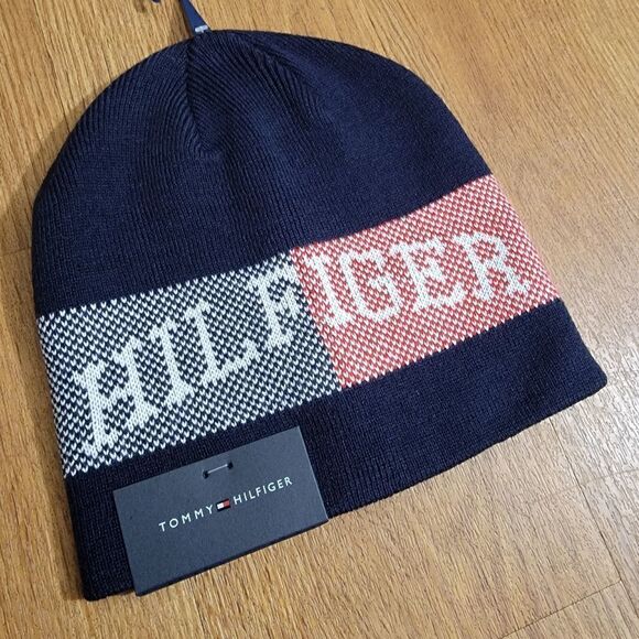 Tommy Hilfiger Navy Flag Beanie Hat Unisex Red White New Knit One Size Fleece main image 6